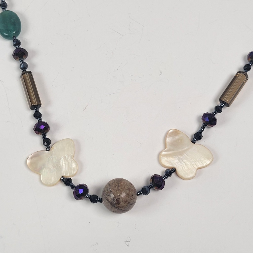 Butterfly Beaded Necklace Aventurine Stones Shell Glass Mother Pearl Long 27"